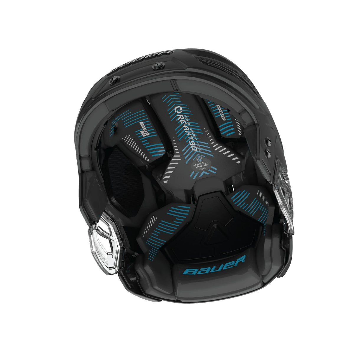 Bauer RE-AKT 90 senior hockey helmet in black, inside view showing the liner