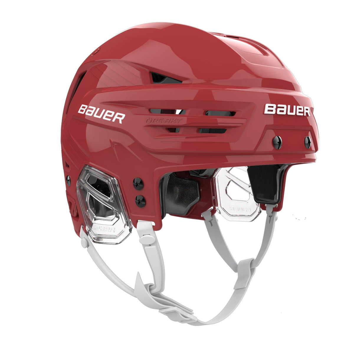 Bauer RE-AKT 90 senior hockey helmet in red, front three-quarter view