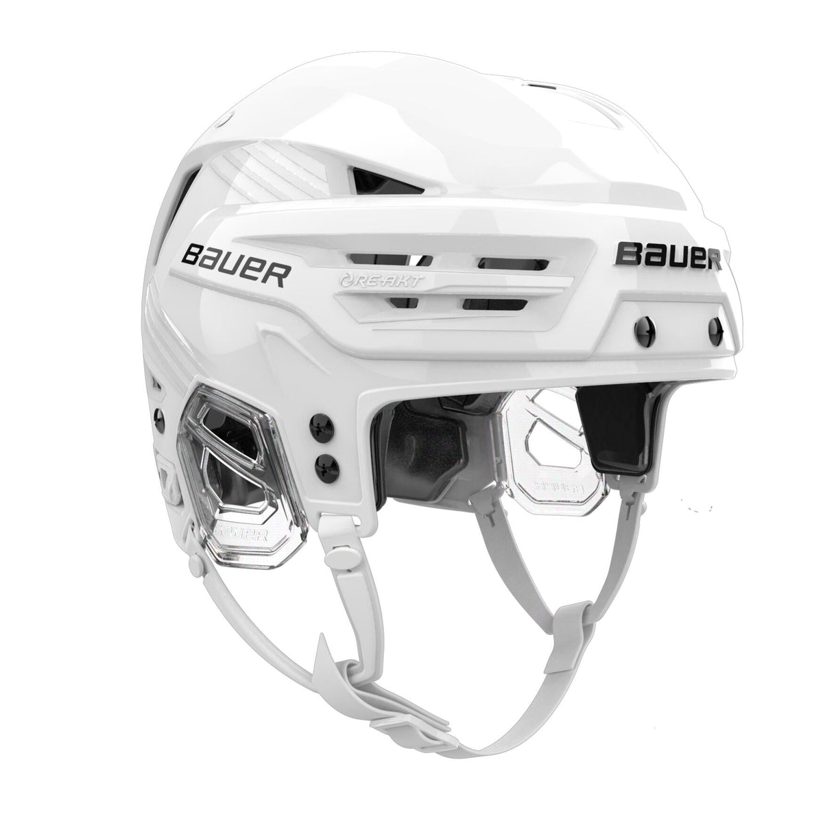Bauer RE-AKT 90 senior hockey helmet in white, front three-quarter view