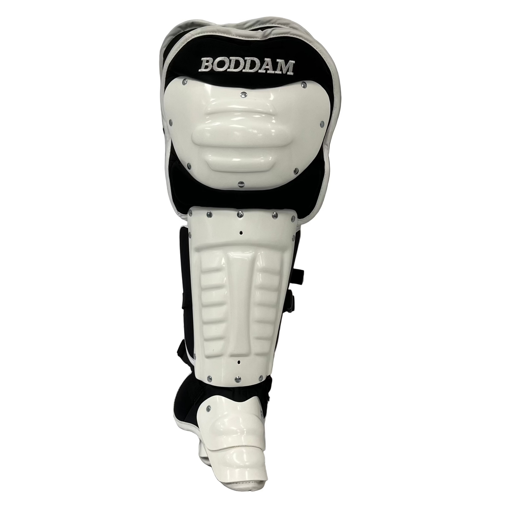 Boddam Lacrosse Goalie Leg Pads Cat 1 in White on Black colorway - Sanderson Lacrosse