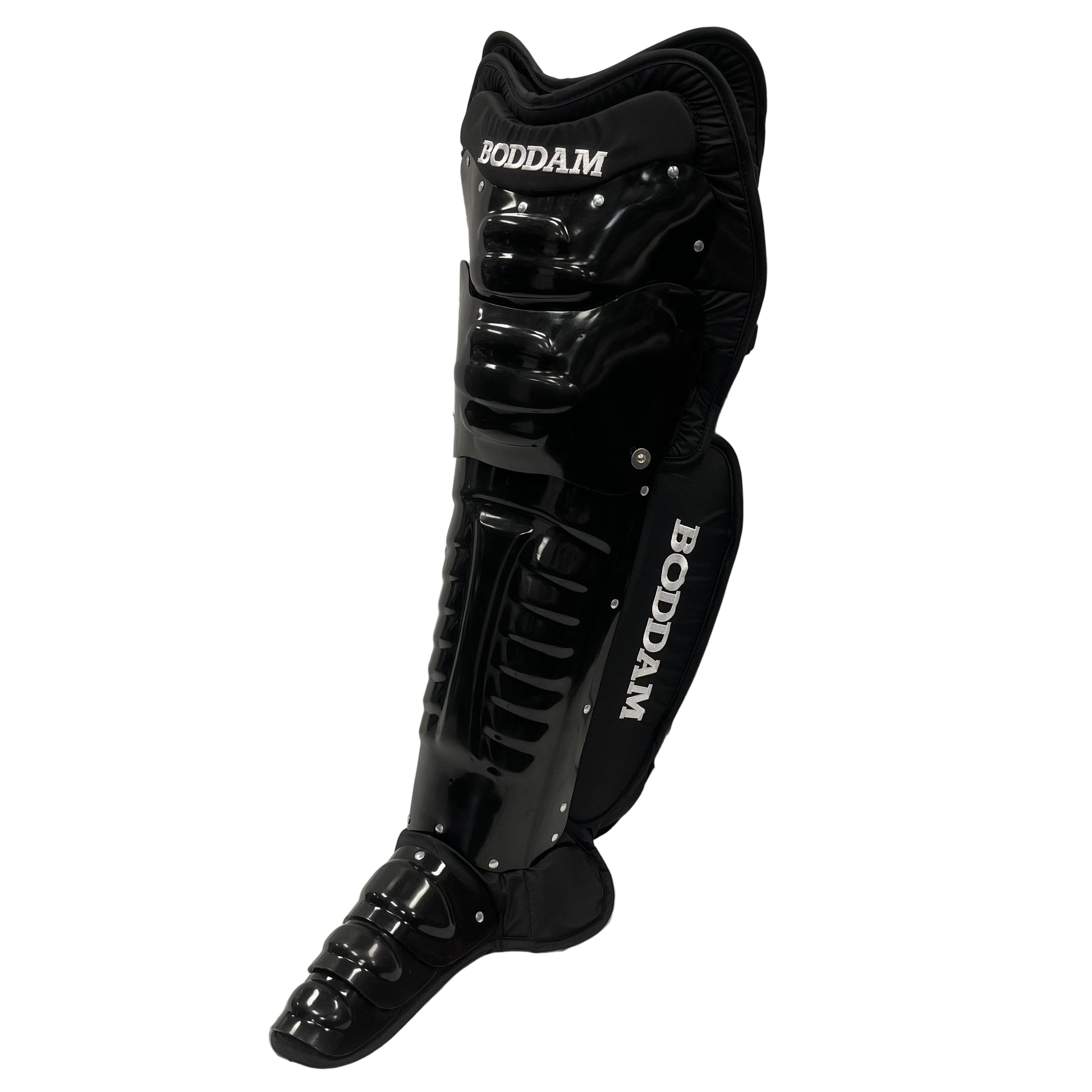 Boddam Lacrosse Goalie Leg Pads Cat 3 in Gloss Black on Black colorway - Sanderson Lacrosse