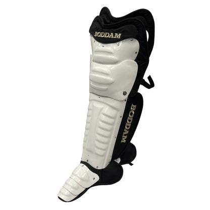 Boddam Lacrosse Goalie Leg Pads Cat 3 in White on Black with Gold colorway - Sanderson Lacrosse