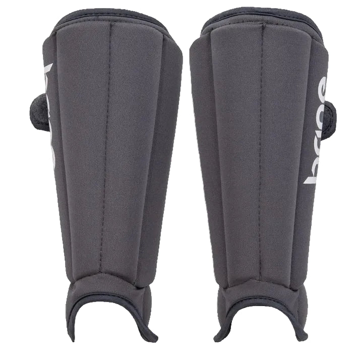 Pair of gray shin guards with brand logo on a white background