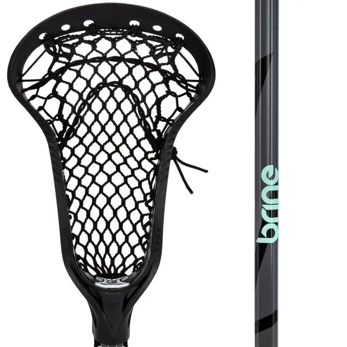 Black lacrosse head with 'Brine' branding on a white background
