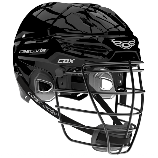 Cascade CBX senior box lacrosse helmet in black, front three-quarter view