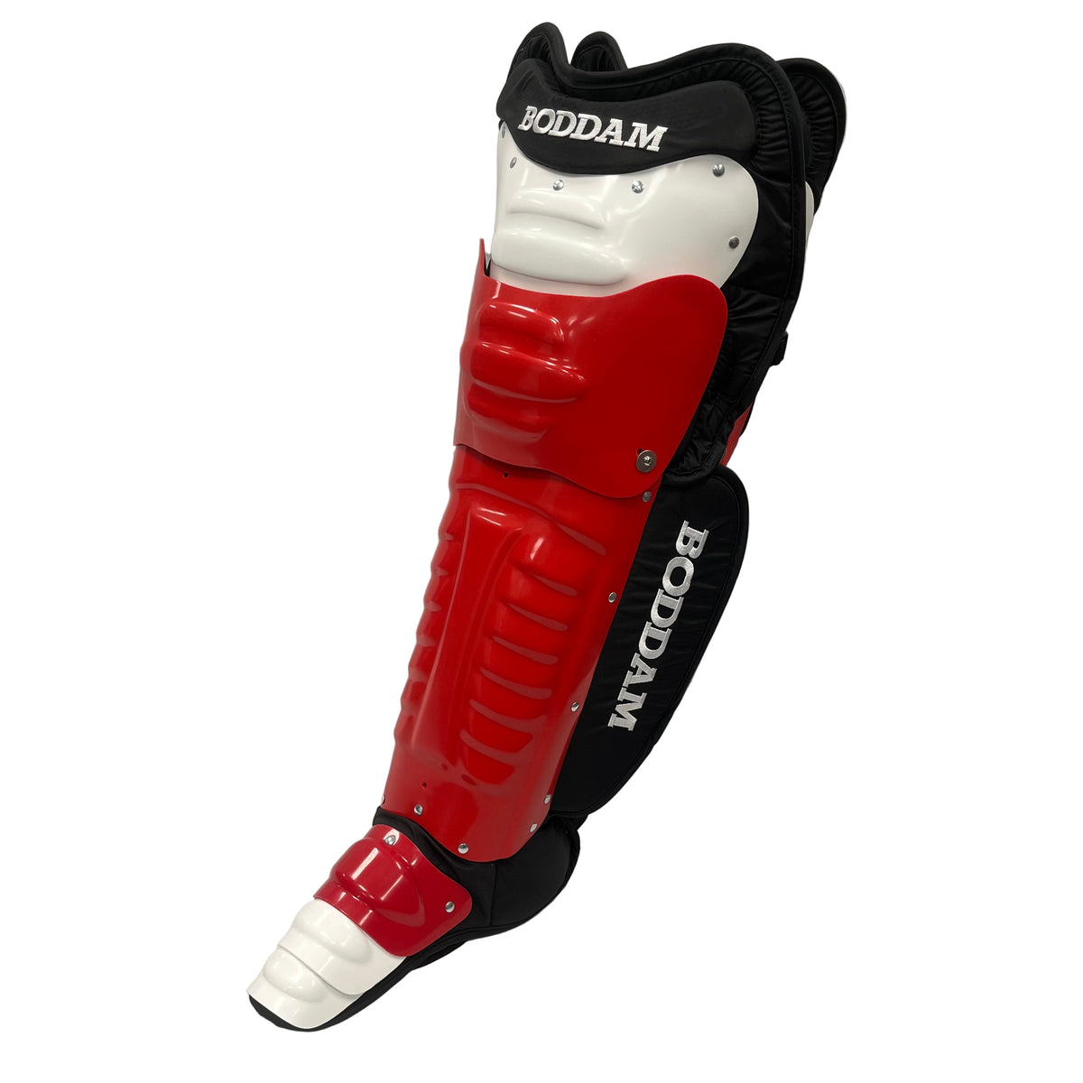 The Boddam Lacrosse Goalie Leg Pads are red, black, and white with "BODDAM" on the top and side, featuring molded padding and hard shells for protection similar to cricket leg guards.