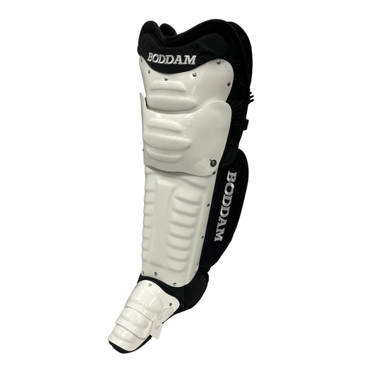 Boddam Lacrosse Goalie Leg Pads are white and black, padded for protection, with the Boddam brand name on the front—designed to protect lacrosse goalies.