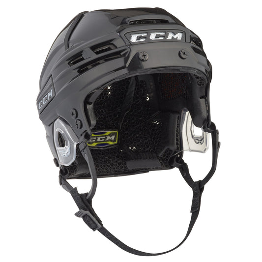 CCM Super Tacks X senior hockey helmet in black, front three-quarter view