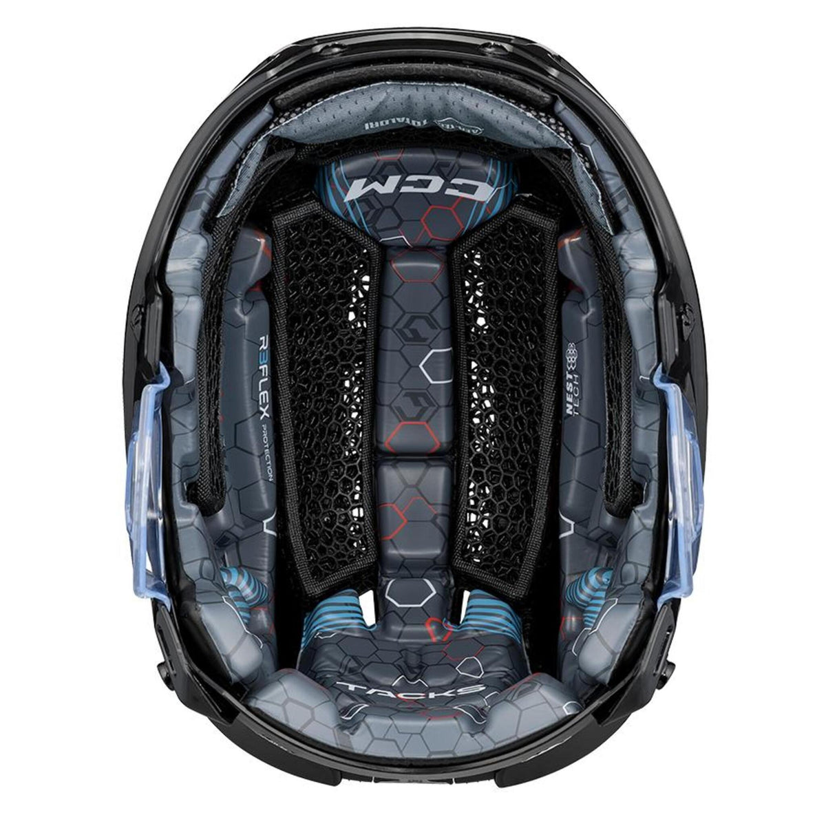 CCM Tacks 920 senior hockey helmet in black, inside view showing the liner