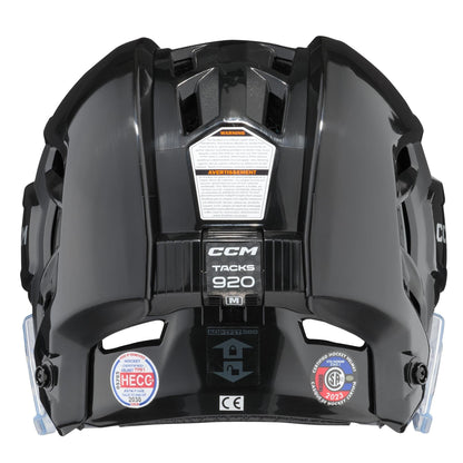 CCM Tacks 920 senior hockey helmet combo with cage in black, back view