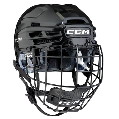 CCM Tacks 920 senior hockey helmet combo with cage in black, front three-quarter view