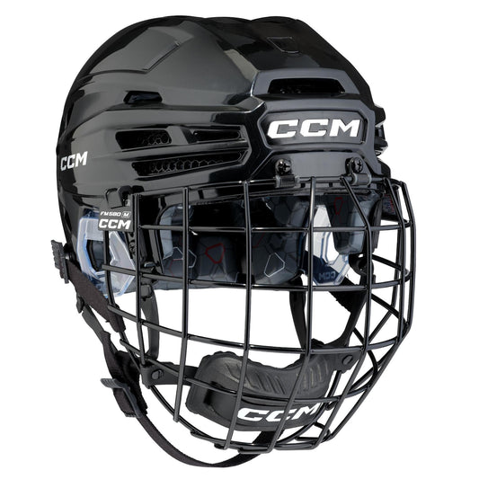 CCM Tacks 920 senior hockey helmet combo with cage in black, front three-quarter view