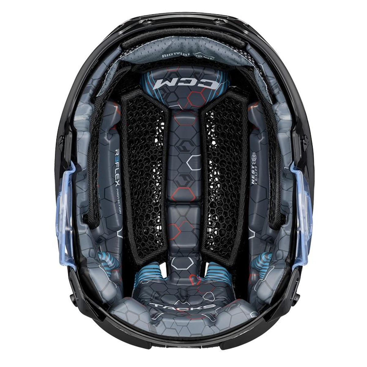 CCM Tacks 920 senior hockey helmet combo with cage in black, inside view showing the liner
