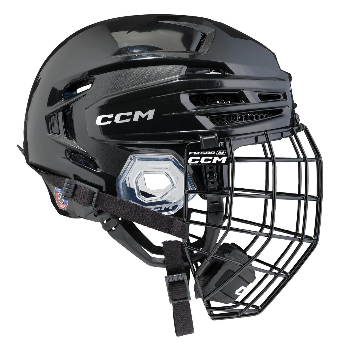 CCM Tacks 920 senior hockey helmet combo with cage in black, rear three-quarter side view