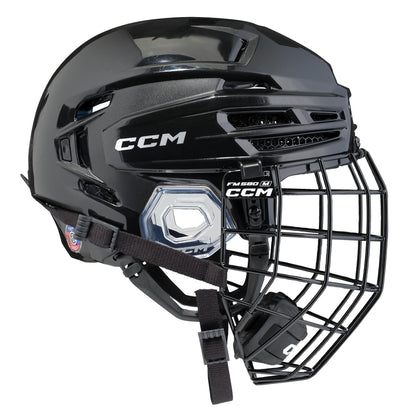 CCM Tacks 920 senior hockey helmet combo with cage in black, rear three-quarter side view