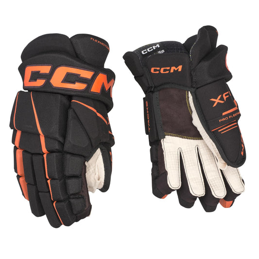CCM Tacks XF senior hockey gloves in Orangeville Flyers black and orange