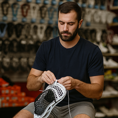 Man sitting on a stool custom stringing a lacrosse head in a store with lacrosse equipment in the background