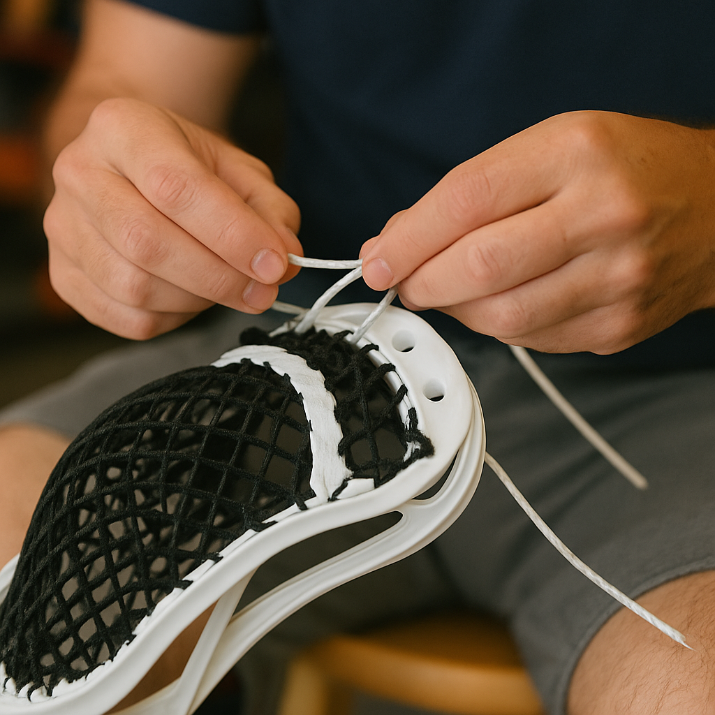 Person custom stringing a white lacrosse head