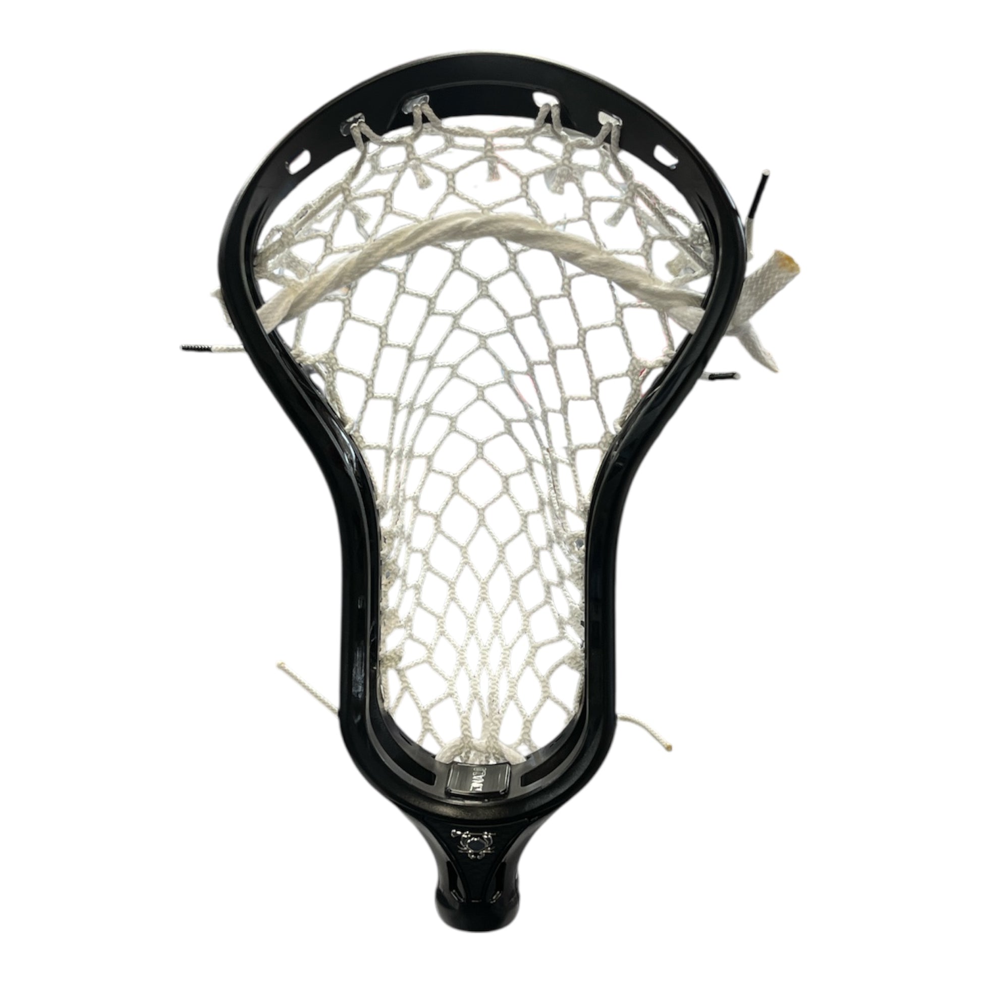 ECD DNA lacrosse head in black pre-strung with ECD 7 diamond mesh pocket