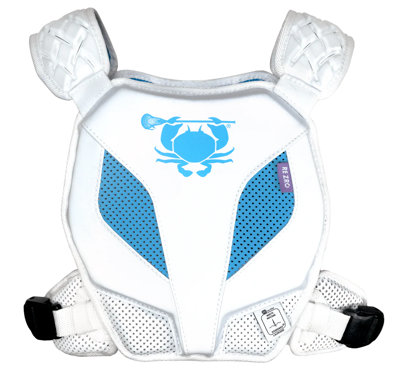 The ECD Echo Lacrosse Shoulder Pad Liner features padded shoulder caps, mesh ventilation, black adjustable bottom straps, and is NOCSAE ND200 certified. It displays a blue crab logo holding a lacrosse stick.