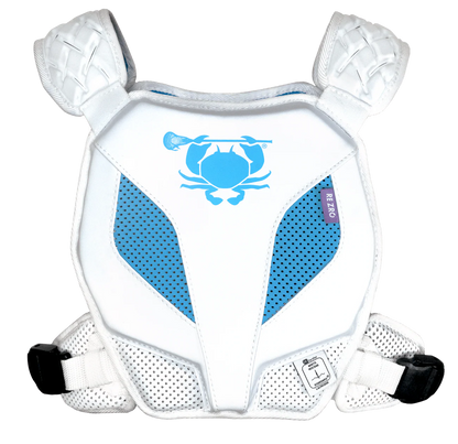 The ECD Echo Lacrosse Shoulder Pad Liner features padded shoulder caps, mesh ventilation, black adjustable bottom straps, and is NOCSAE ND200 certified. It displays a blue crab logo holding a lacrosse stick.