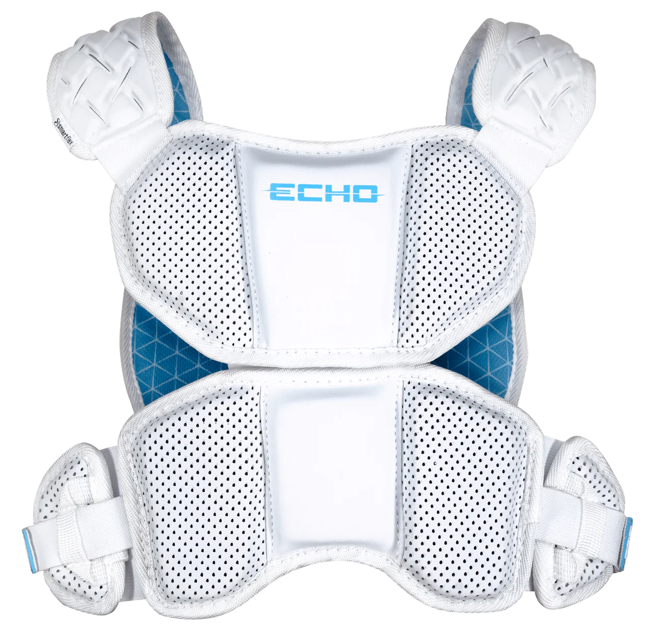 The ECD Echo Lacrosse Shoulder Pad Liner features white and blue colors, ventilated mesh panels, "ECHO" printed in blue on the front, and provides NOCSAE ND200-certified protection for your shoulders and sides.