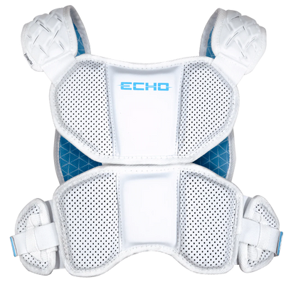 The ECD Echo Lacrosse Shoulder Pad Liner features white and blue colors, ventilated mesh panels, "ECHO" printed in blue on the front, and provides NOCSAE ND200-certified protection for your shoulders and sides.