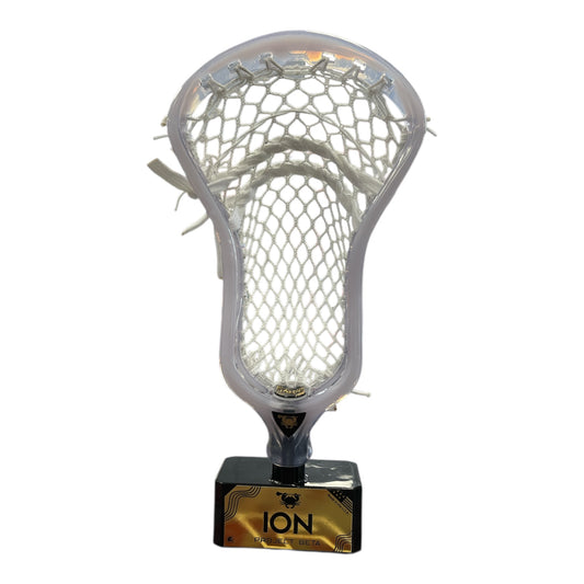 ECD Ion Project Beta lacrosse head strung with white StringKing 5S mesh showing mid-high pocket front view
