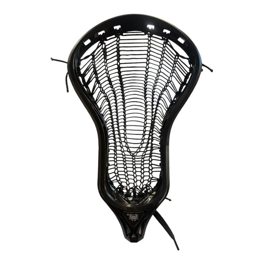 ECD Rebel Offense lacrosse head in black, pre-strung with Armor Mamba mesh, for field attack and midfield