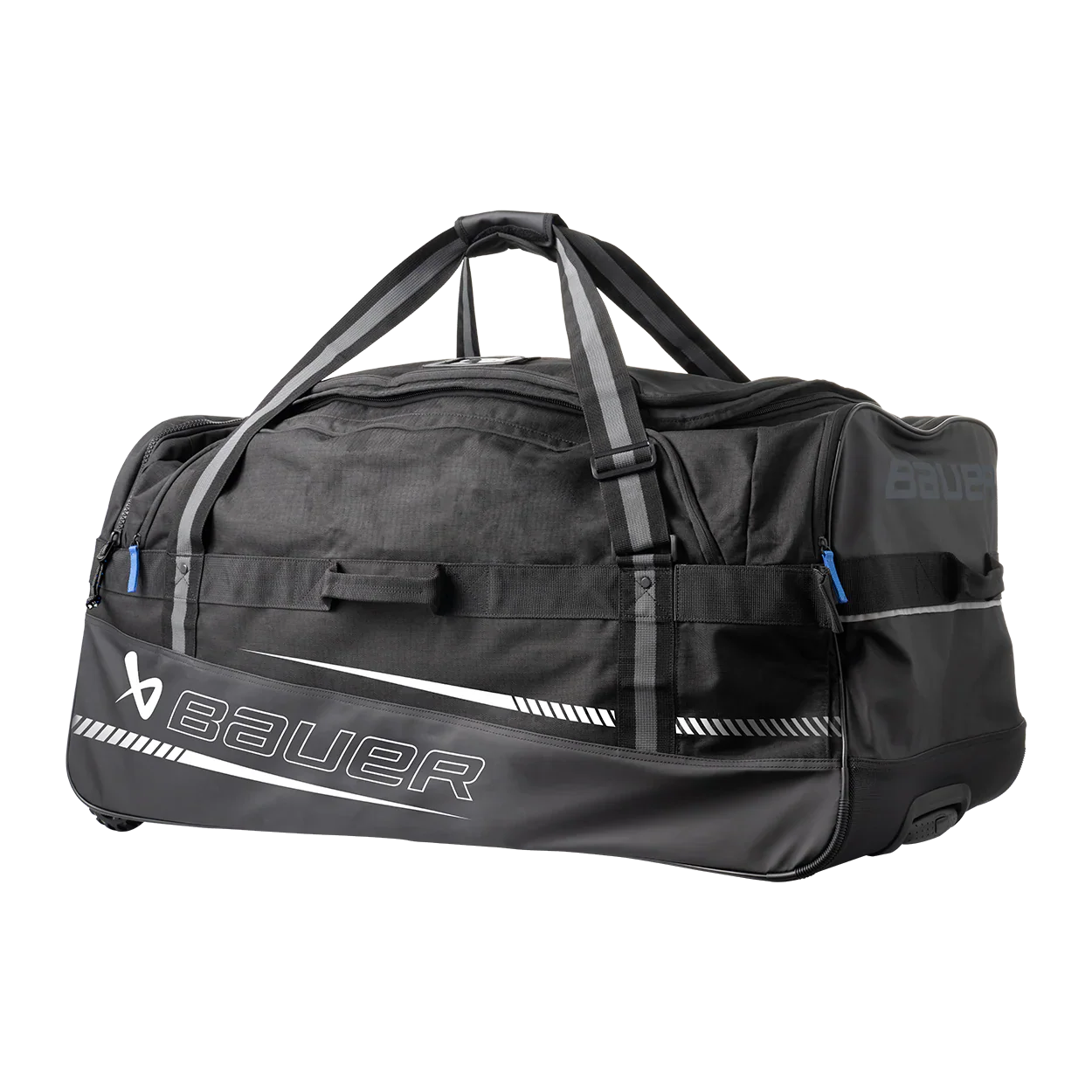 Bauer Elite Wheel Backpack Junior Black – three-quarter front view with wheels and pull handle – Sanderson Lacrosse