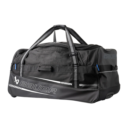 Bauer Elite Wheel Backpack Junior Black – three-quarter front view with wheels and pull handle – Sanderson Lacrosse