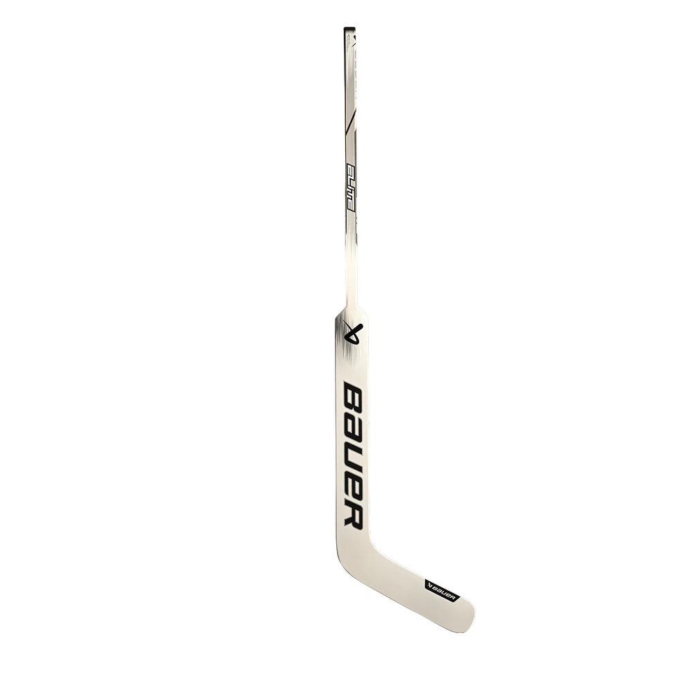 The Bauer Elite Gen II Junior Goalie Stick - Left, a white Bauer stick with black graphics designed for excellent rebound control, is shown upright on a plain light background.