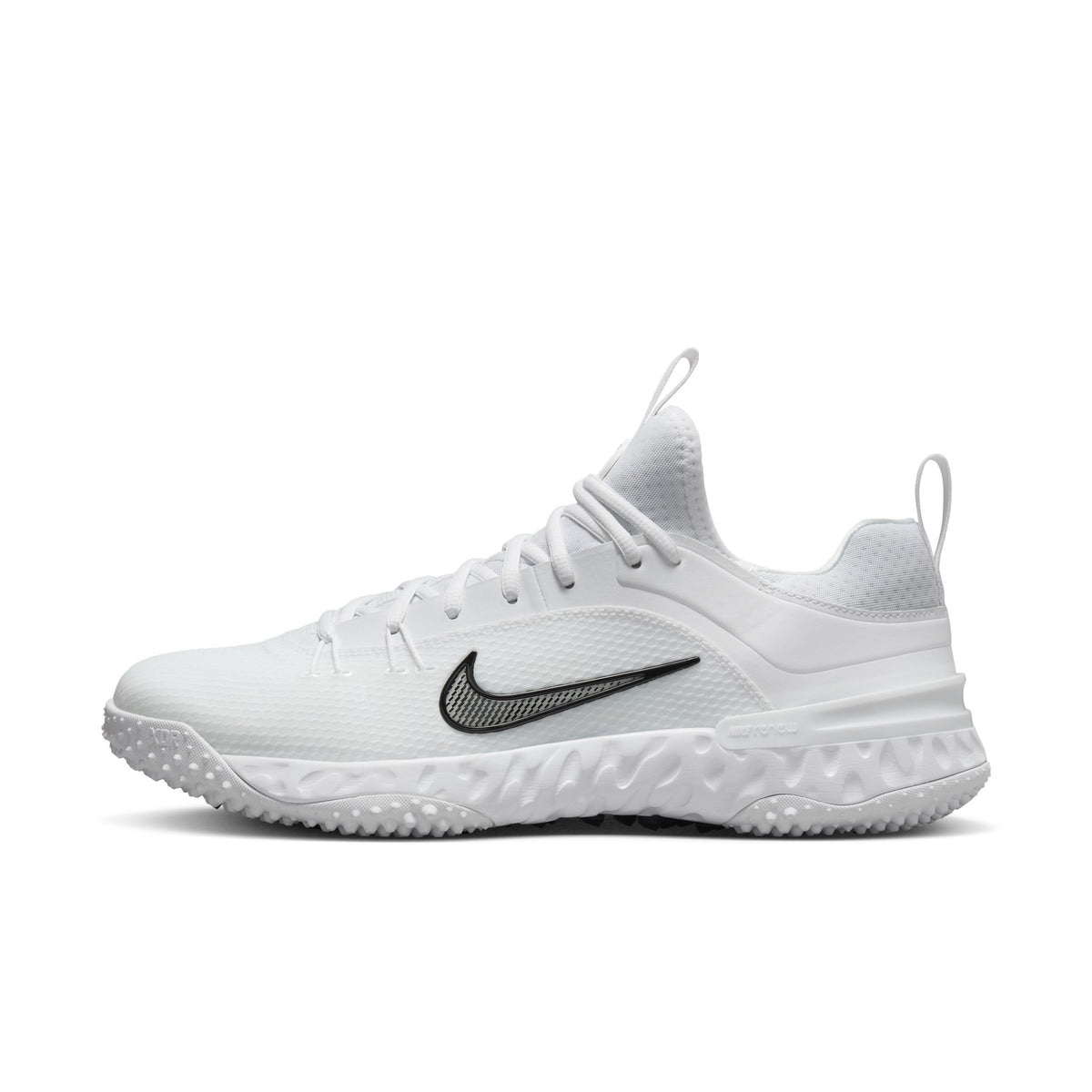 Nike Huarache 9 Elite Turf lacrosse shoes, White/White/Black (FN0310-101), medial side