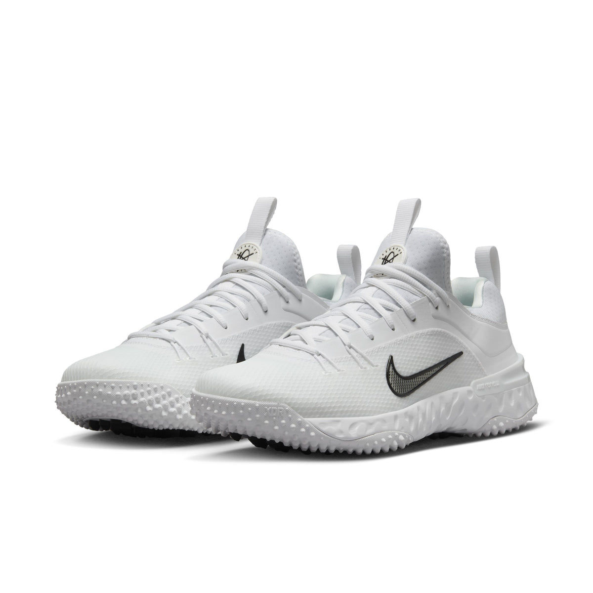 Nike Huarache 9 Elite Turf lacrosse shoes, White/White/Black (FN0310-101), pair, three-quarter view