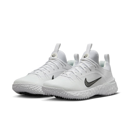 Nike Huarache 9 Elite Turf lacrosse shoes, White/White/Black (FN0310-101), pair, three-quarter view