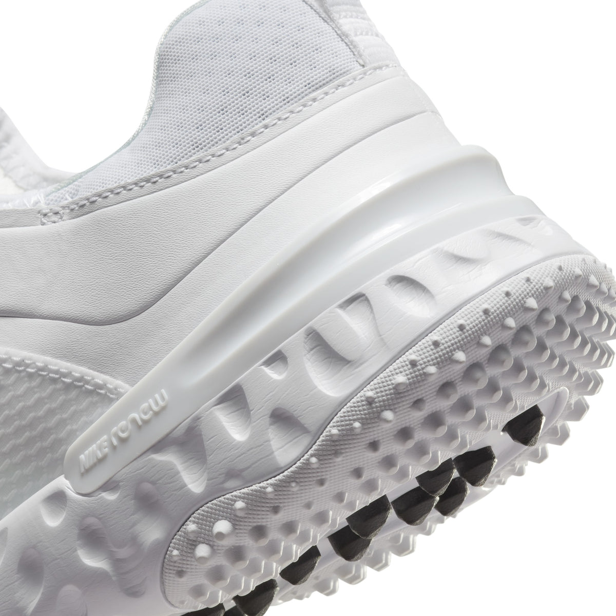 Nike Huarache 9 Elite Turf lacrosse shoes, White/White/Black (FN0310-101), close-up of heel and midsole