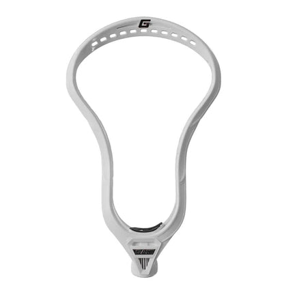 The Gait Mustang Lacrosse Head by Gait features a white, oval-shaped wide top and multiple stringing holes for superior ball control, ideal for offensive players. Shown against a plain background.