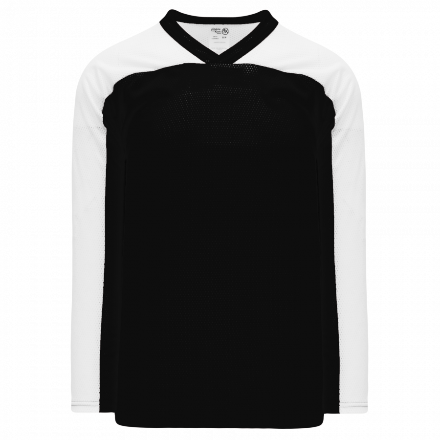 The Sanderson Lacrosse Goalie Cut Lacrosse Jersey by Athletic Knit features long sleeves, a black torso, and white sleeves. Displayed on a white background, this customizable jersey blends comfort and style for lacrosse players.