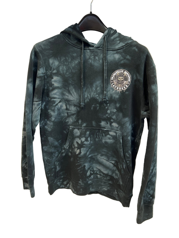 The Sanderson Lacrosse Northmen Lacrosse HoboPax Cotton Tie Die Hoodie features a black and gray pattern, front pocket, drawstring hood, and a white “Nashville, TN Lacrosse” patch—ideal lacrosse apparel for fans.
