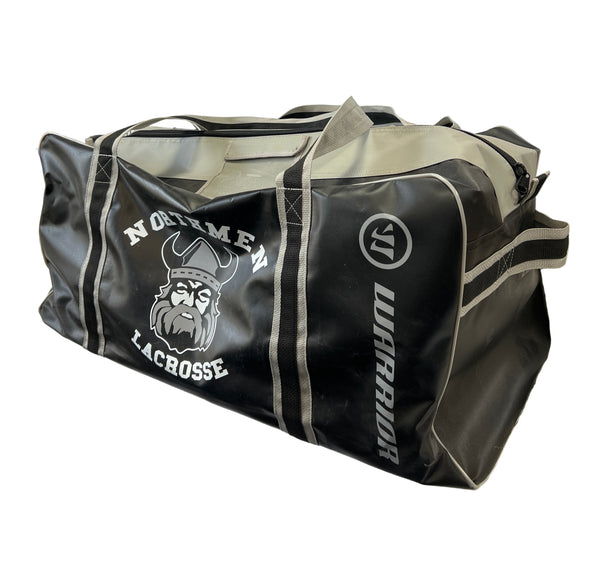 A large black Northmen Duffle Bag by Sanderson Lacrosse features NORTHMEN LACROSSE and a Viking head logo on the side. A spacious interior is visible through the open zipper.