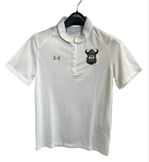 A white short-sleeve Northmen Lacrosse Golf Shirt for women by Sanderson Lacrosse hangs on a hanger, featuring a Viking head logo on the left chest—ideal for fans of lacrosse apparel.