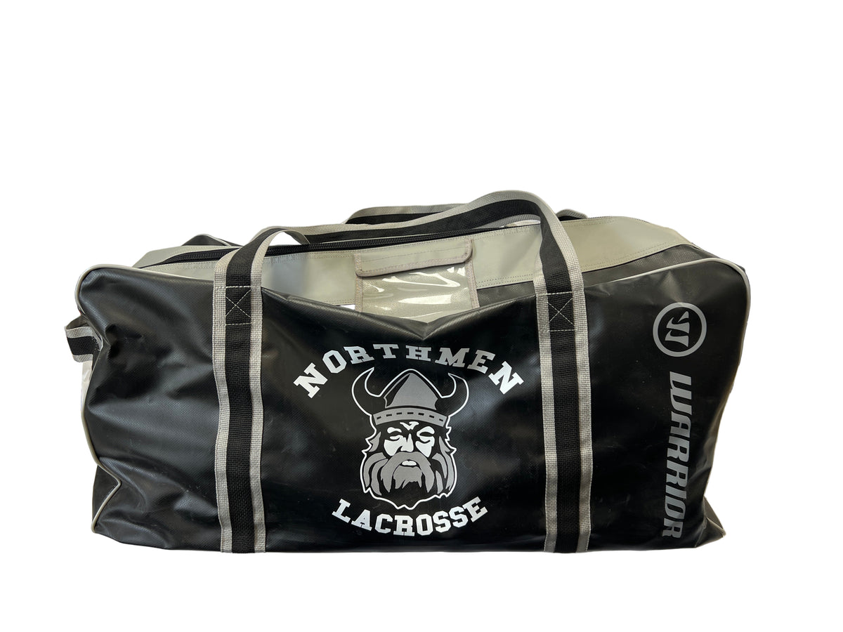 The Northmen Duffle Bag by Sanderson Lacrosse is a large black and gray gear bag featuring “NORTHMEN LACROSSE” and a Viking mascot, with two handles, a zippered top, and secure storage.