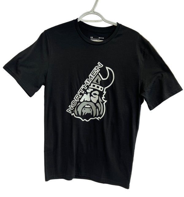 The Sanderson Lacrosse Northmen Lacrosse Under Armour Cotton T-shirt features a Viking helmet and beard graphic with "NORTHMEN" diagonally across the chest—ideal apparel for lacrosse fans.