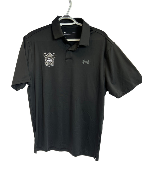 A black Sanderson Lacrosse Northmen Lacrosse Golf Sun Protection UPF50 shirt hangs on a hanger. It has an embroidered Viking head on the left chest, short sleeves, a collar, and is perfect for lacrosse apparel.