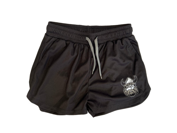 Sanderson Lacrosse’s Northmen Lacrosse Bardown Loose Shorts for youth feature a black design, white drawstring, and Viking head logo on the left leg. Ideal for young fans seeking style and comfort during play.