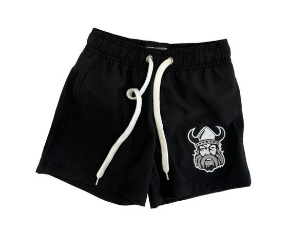 The Sanderson Lacrosse Northmen Lacrosse Bardown Swim Shorts - Youth feature black fabric, white drawstrings, and an embroidered Viking face in a horned helmet. Perfect as youth lacrosse shorts. Shown laid flat on a white background.