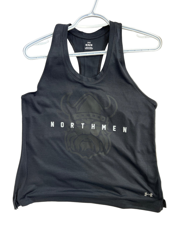 The Northmen Lacrosse Under Armour Racerback Tank Top for women by Sanderson Lacrosse features a black design with a Viking helmet graphic and NORTHMEN in bold white—ideal for lacrosse fans or anyone wanting an iconic team tank.