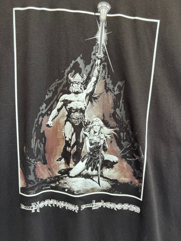 A fantasy-style illustration shows a horned warrior and a kneeling armored woman, both in Sanderson Lacrosse Northmen Lacrosse Cotton T-shirt - special. "Northern Lacrosse" appears at the bottom.