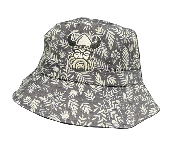 The Meikaa Northmen Bucket Hat in gray features a white leafy pattern and an embroidered Viking face with horned helmet, providing excellent sun protection for lacrosse. Shown on a white background.