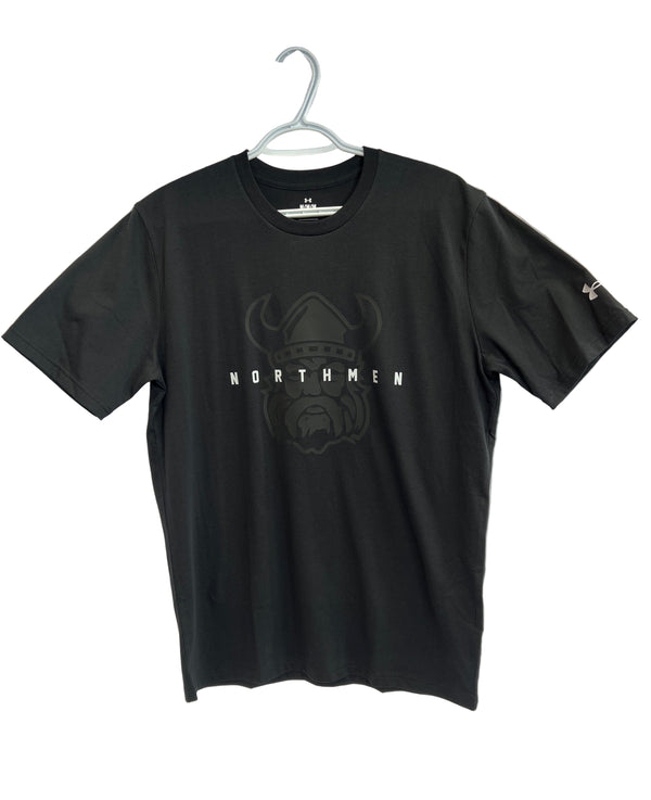 The Northmen Lacrosse Under Armour Cotton T-shirt - Youth by Sanderson Lacrosse is a black, short-sleeve tee with a Viking helmet and beard graphic plus "NORTHMEN" in white—ideal for young fans from your favorite Canadian lacrosse shop.